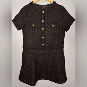 Oliveaceous Black Tweed Dress Gold Button Pocket Detail Size M